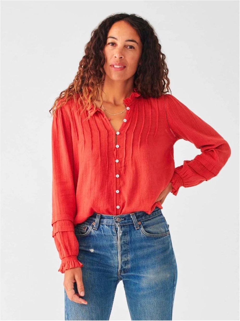 Faherty Coral-Red Button Front Ruffle Blouse